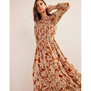 BNWT Boden Smocked Metallic Maxi Dress US 12P UK 16P  Petite Rust Paisley Whirl
